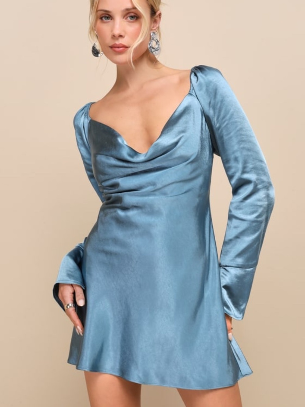 Lulus Sensational Fate Slate Blue Satin Cowl Neck Mini Dress - S